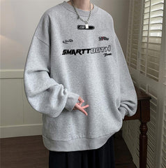 Smarttooth Baskılı Gri Unisex Oversize Bisiklet Yaka Sweatshirt