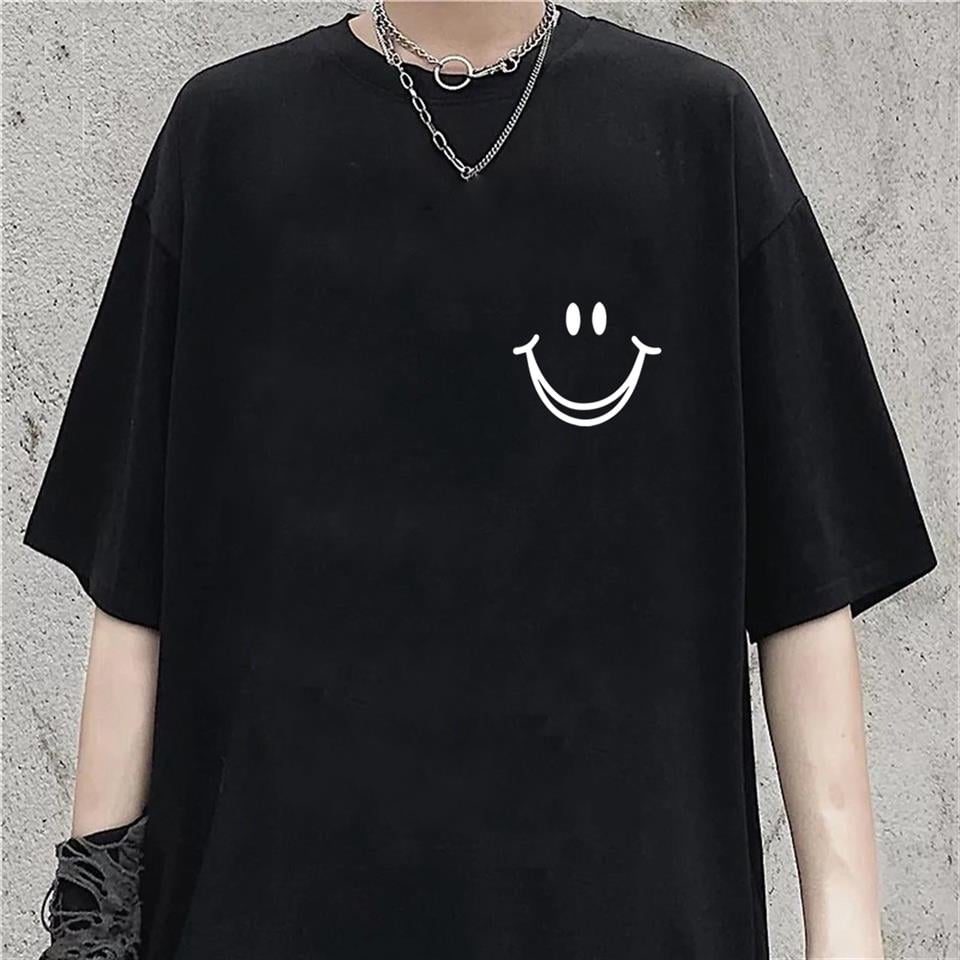 Smile Baskılı Siyah Unisex Oversize T-shirt