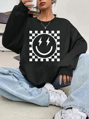 Dama Desen Smile Baskılı Siyah Unisex Oversize Bisiklet Yaka Sweatshirt