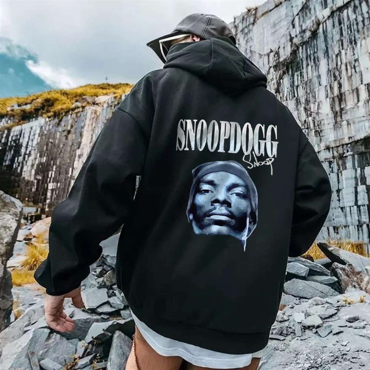 SnoopDogg Baskılı Siyah Unisex Oversize Kapüşonlu Sweatshirt