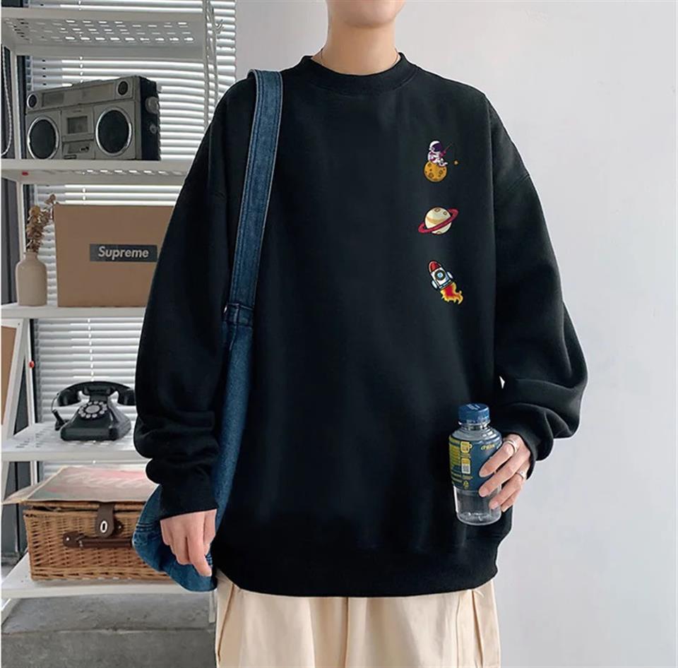 Space Things Baskılı Siyah Unisex Oversize Bisiklet Yaka Sweatshirt