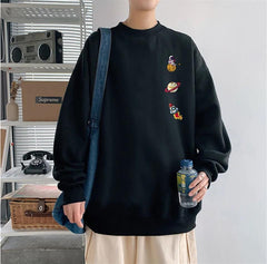 Space Things Baskılı Siyah Unisex Oversize Bisiklet Yaka Sweatshirt