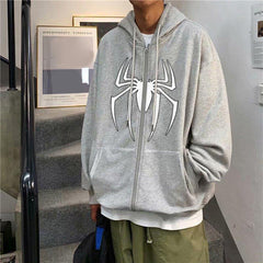 Spider Baskılı Oversize Fermuarlı Gri Unisex Kapüşonlu Hırka