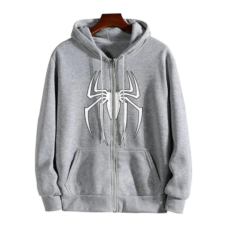 Spider Baskılı Oversize Fermuarlı Gri Unisex Kapüşonlu Hırka