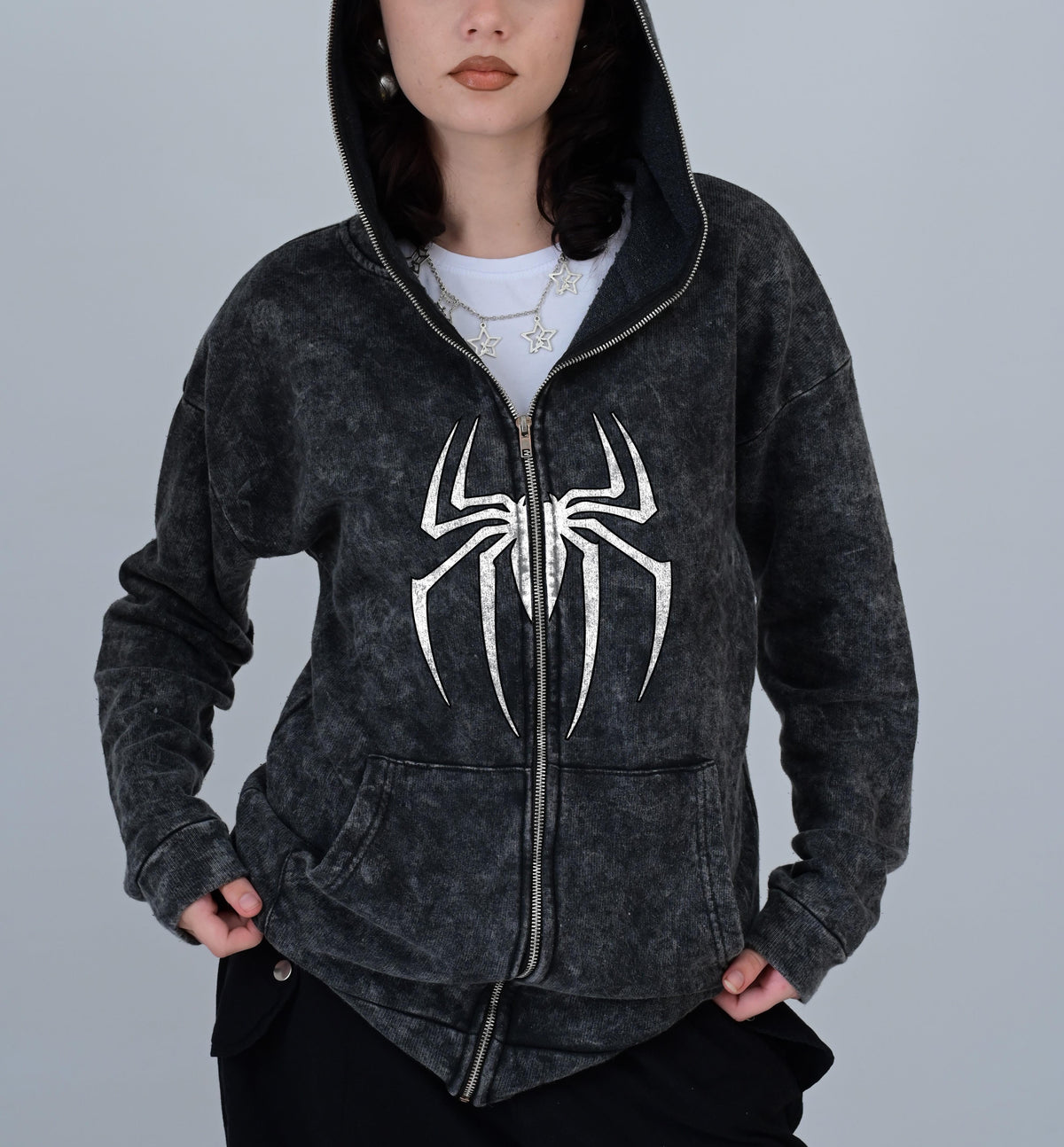 Spider Baskılı Vintage Yıkamalı Full Zip Detail Unisex Oversize Kapüşonlu Hırka