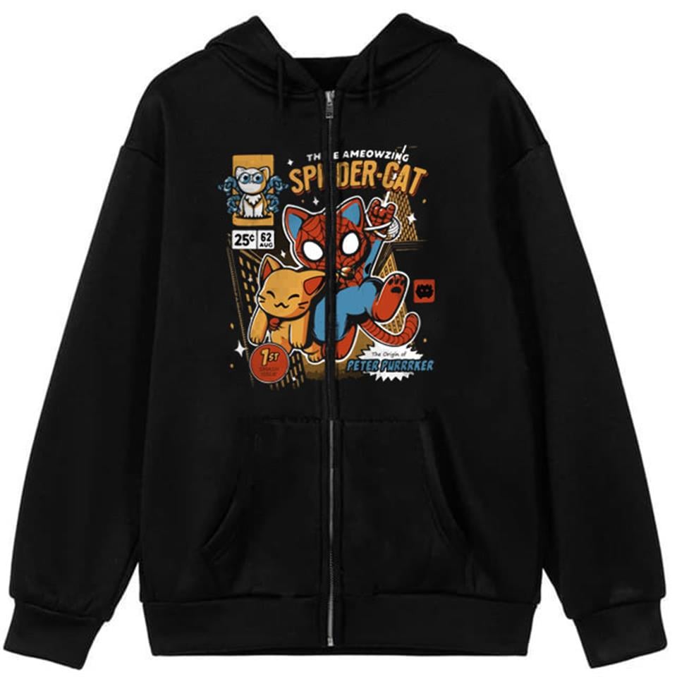 Spider-Cat Baskılı Oversize Fermuarlı Siyah Unisex Kapüşonlu Hırka