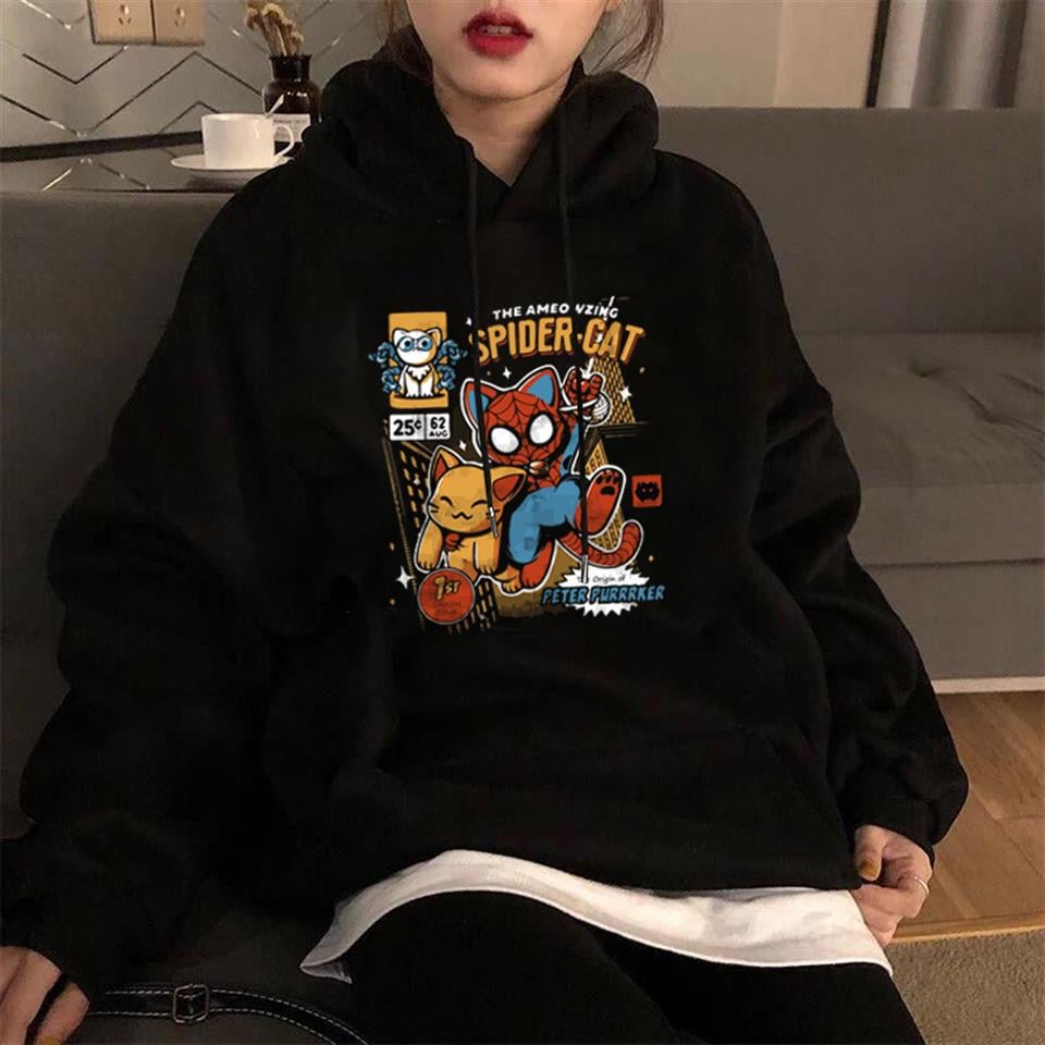 Spider-Cat Baskılı Siyah Unisex Oversize Kapüşonlu Sweatshirt