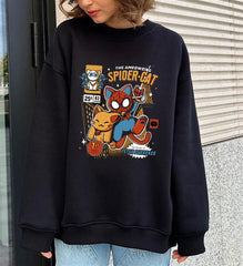 Spider-Cat Baskılı Siyah Unisex Oversize Bisiklet Yaka Sweatshirt