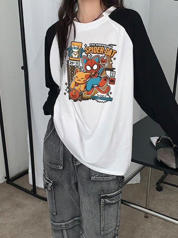 Spider Cat Reglan Uzun Kollu  Baskılı Beyaz T-Shirt