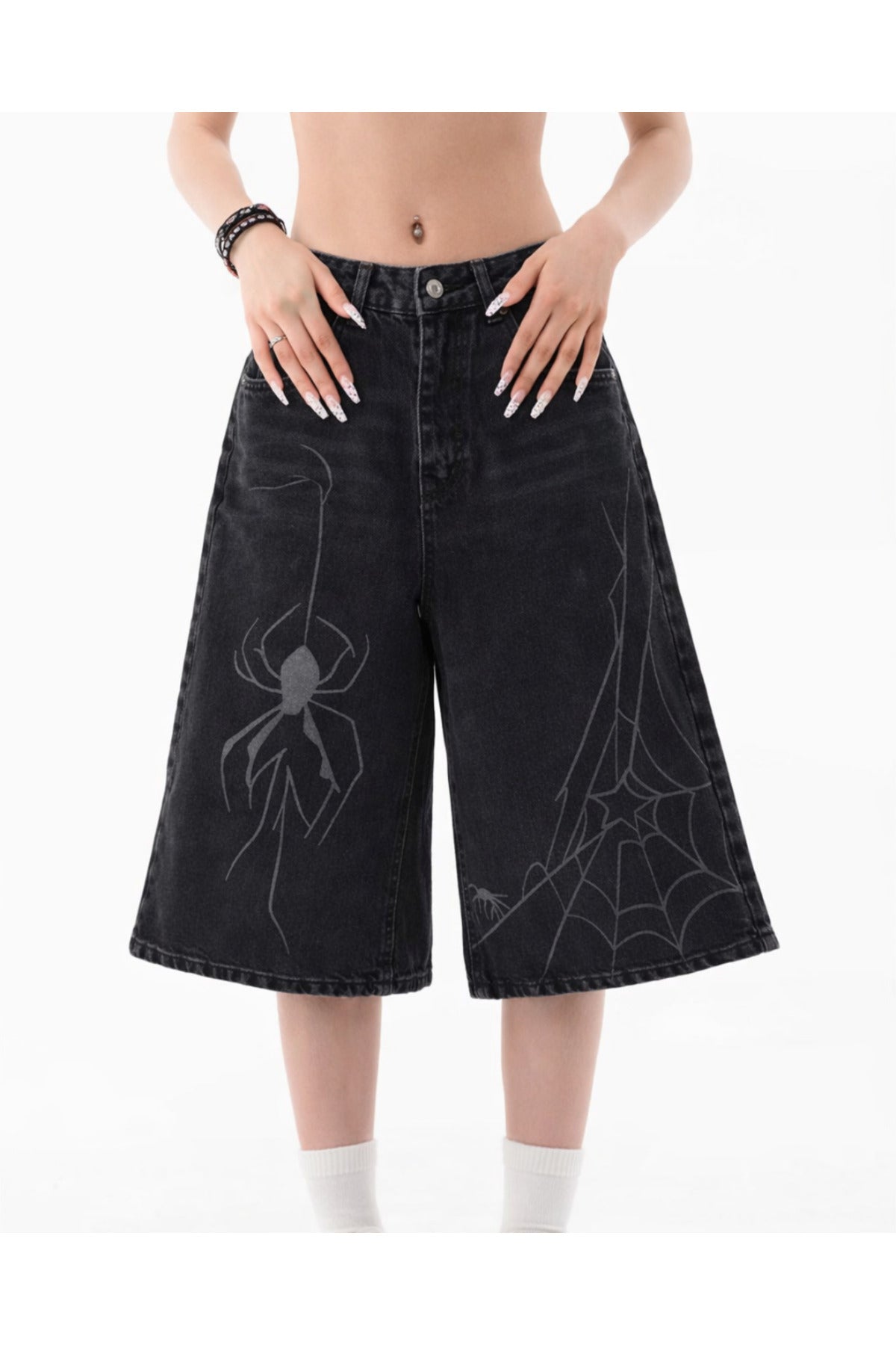 Spider Graphic Unisex Oversize Siyah Jean Şort