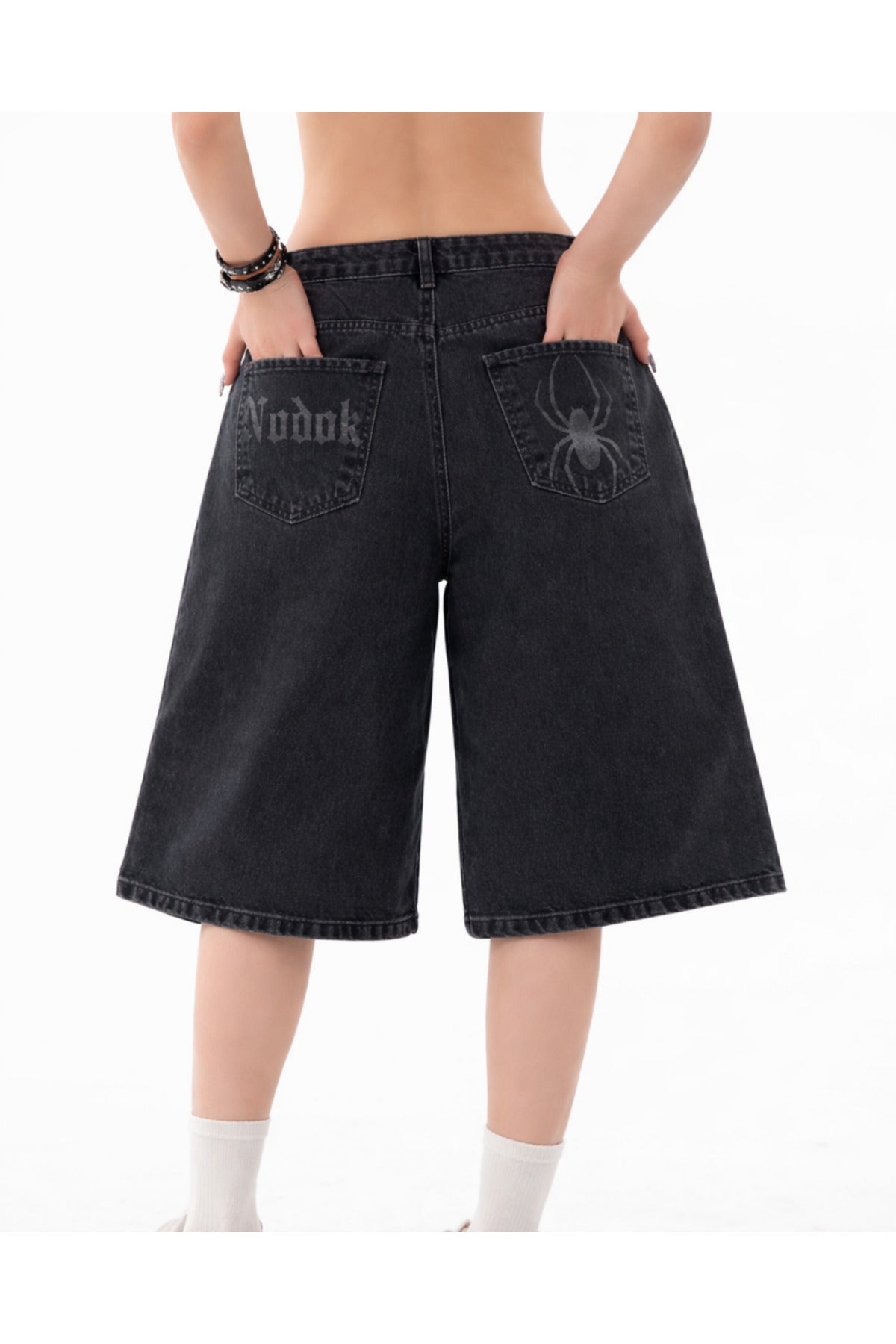 Spider Graphic Unisex Oversize Siyah Jean Şort