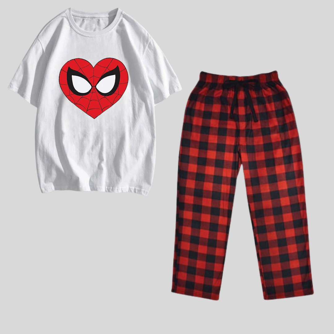 Spider Heart Baskılı Siyah Unisex Oversize Kısa Kol  Alt Üst 2 L.i Takım