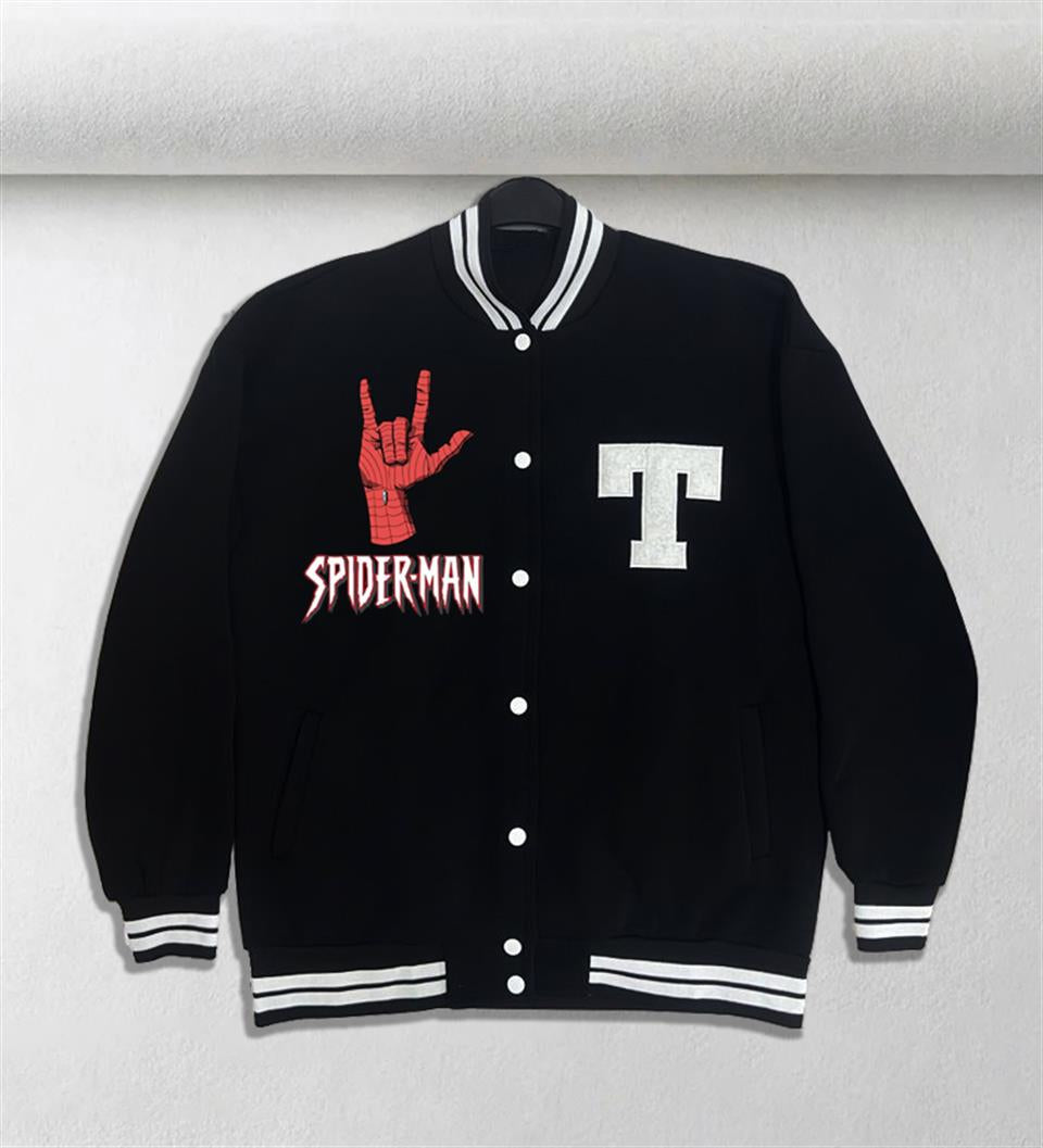 Spider-Man Hand Baskılı Unisex Oversize Siyah Kolej Ceket