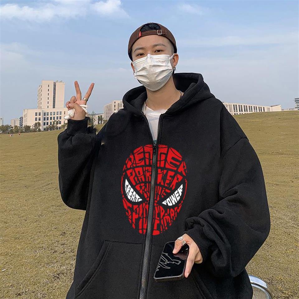 Spider-Man Head Baskılı Oversize Fermuarlı Siyah Unisex Kapüşonlu Hırka