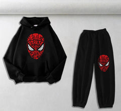 Spider-Man Head Baskılı Siyah Oversize Kapüşonlu Sweatshirt & Eşofman Altı Unisex İkili Takım