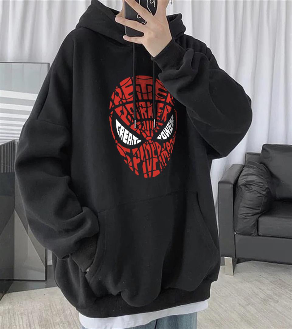 Spider-Man Head Baskılı Siyah Unisex Oversize Kapüşonlu Sweatshirt