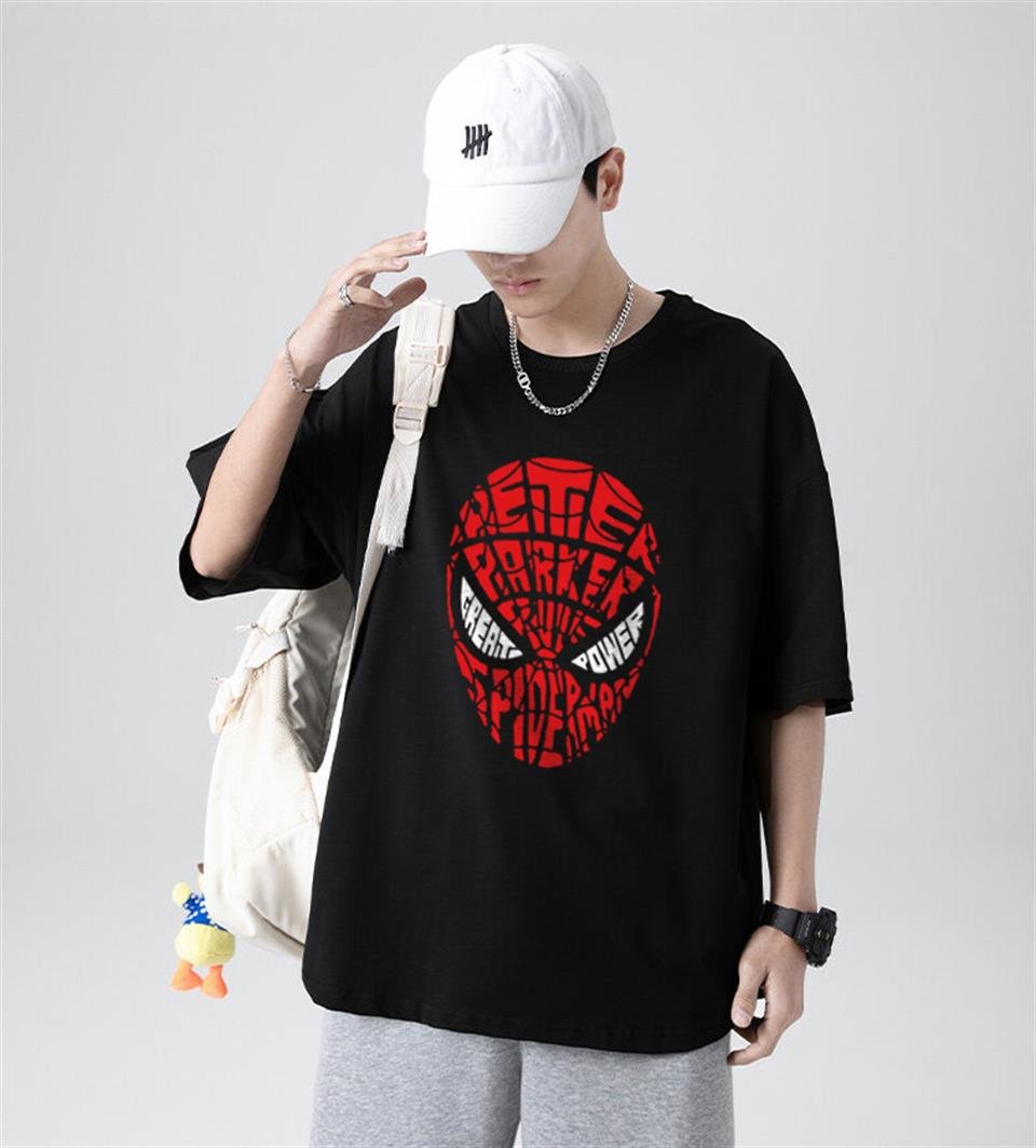 Spider-Man Head Baskılı Siyah Unisex Oversize T-shirt