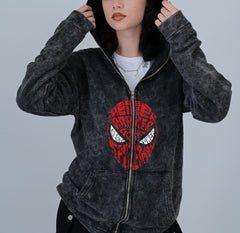 Spider-Man Head Baskılı Vintage Yıkamalı Full Zip Detail Unisex Oversize Kapüşonlu Hırka