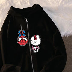 Spider-Man & Hello Kitty Baskılı Oversize Fermuarlı Siyah Unisex Kapüşonlu Hırka