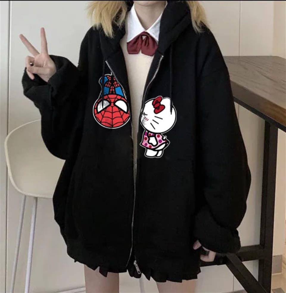 Spider-Man & Hello Kitty Baskılı Oversize Fermuarlı Siyah Unisex Kapüşonlu Hırka