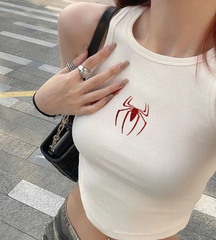 Spider Nakışlı Beyaz Halter Yaka Kaşkorse Crop Top