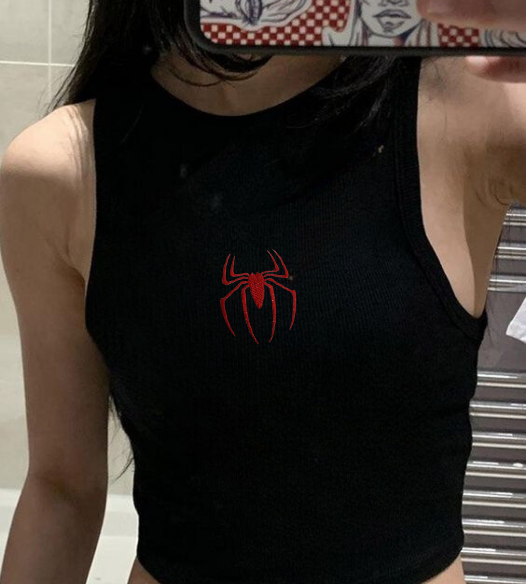 Spider Nakışlı Siyah Halter Yaka Kaşkorse Crop Top