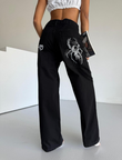 Siyah Nakışlı Retro SpiderPunk Bol Paça Pantolon