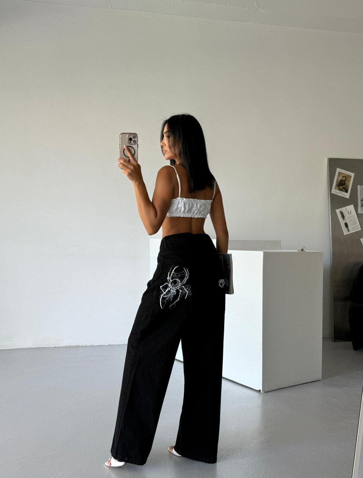 Siyah Nakışlı Retro SpiderPunk Bol Paça Pantolon