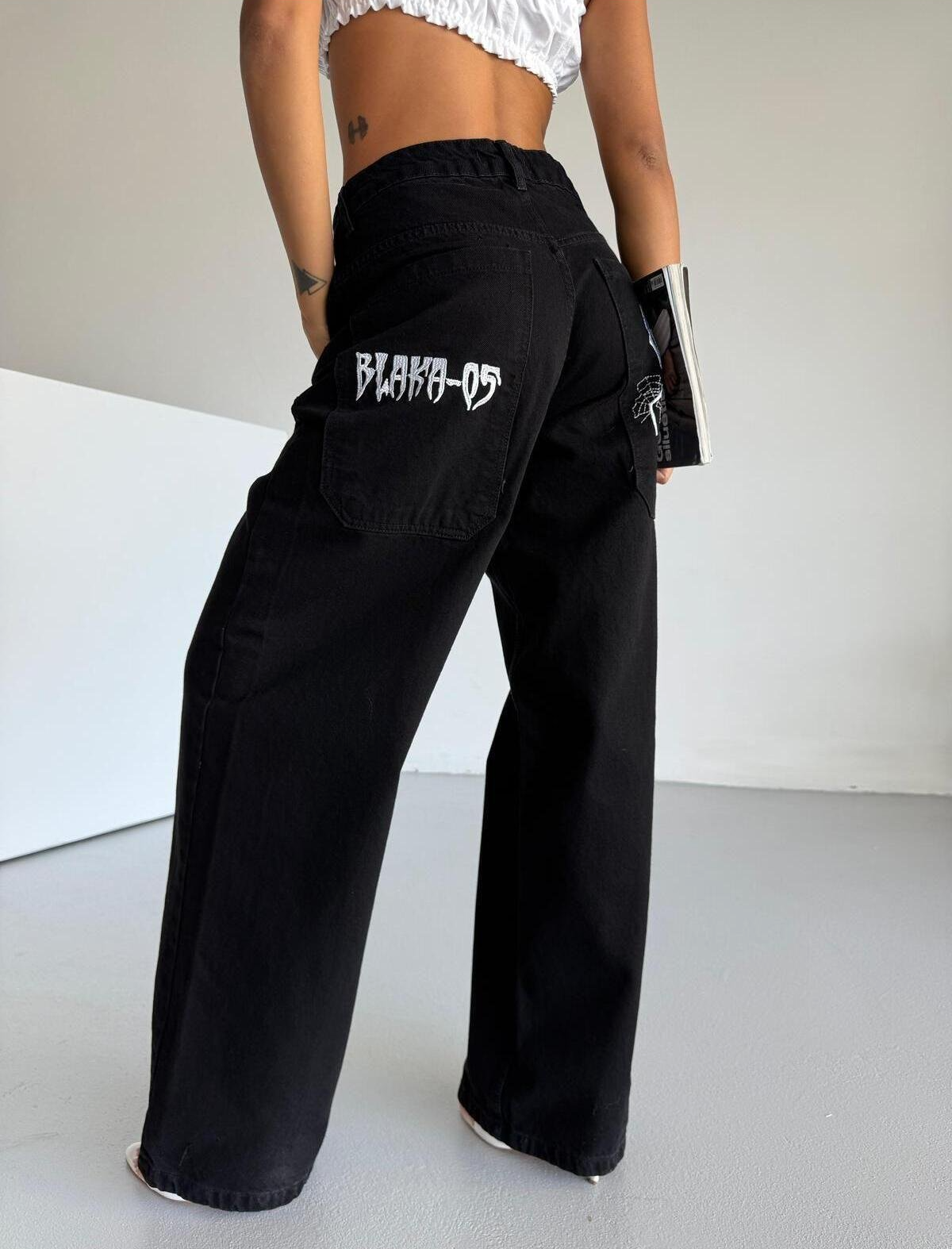 Siyah Nakışlı Retro SpiderPunk Bol Paça Pantolon