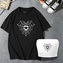 Spider Web Detail Couple T-Shirt & Croptop