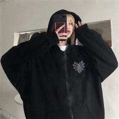 Spider Web Heart Baskılı Oversize Fermuarlı Siyah Unisex Kapüşonlu Hırka