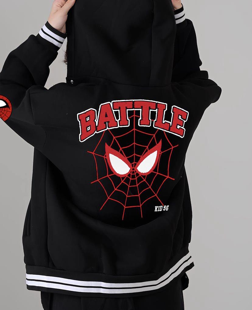 Spiderman Ön-Arka Baskılı Unisex Oversize Siyah Kolej Ceket