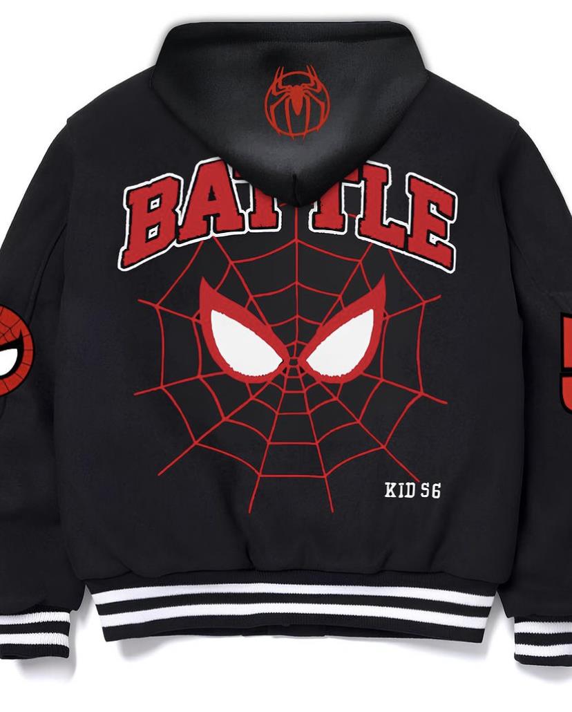 Spiderman Ön-Arka Baskılı Unisex Oversize Siyah Kolej Ceket