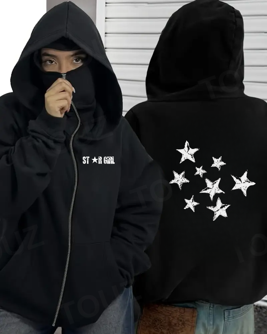 StarGirl Maske Detaylı Oversize Fermuarlı Siyah Unisex Kapüşonlu Hırka