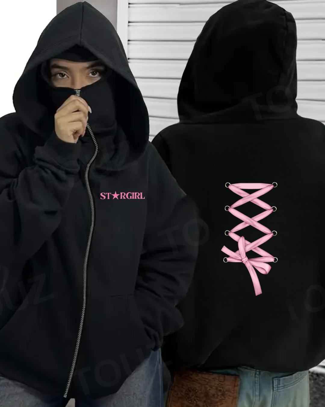 StarGirl Maske Detaylı Oversize Fermuarlı Siyah Unisex Kapüşonlu Hırka