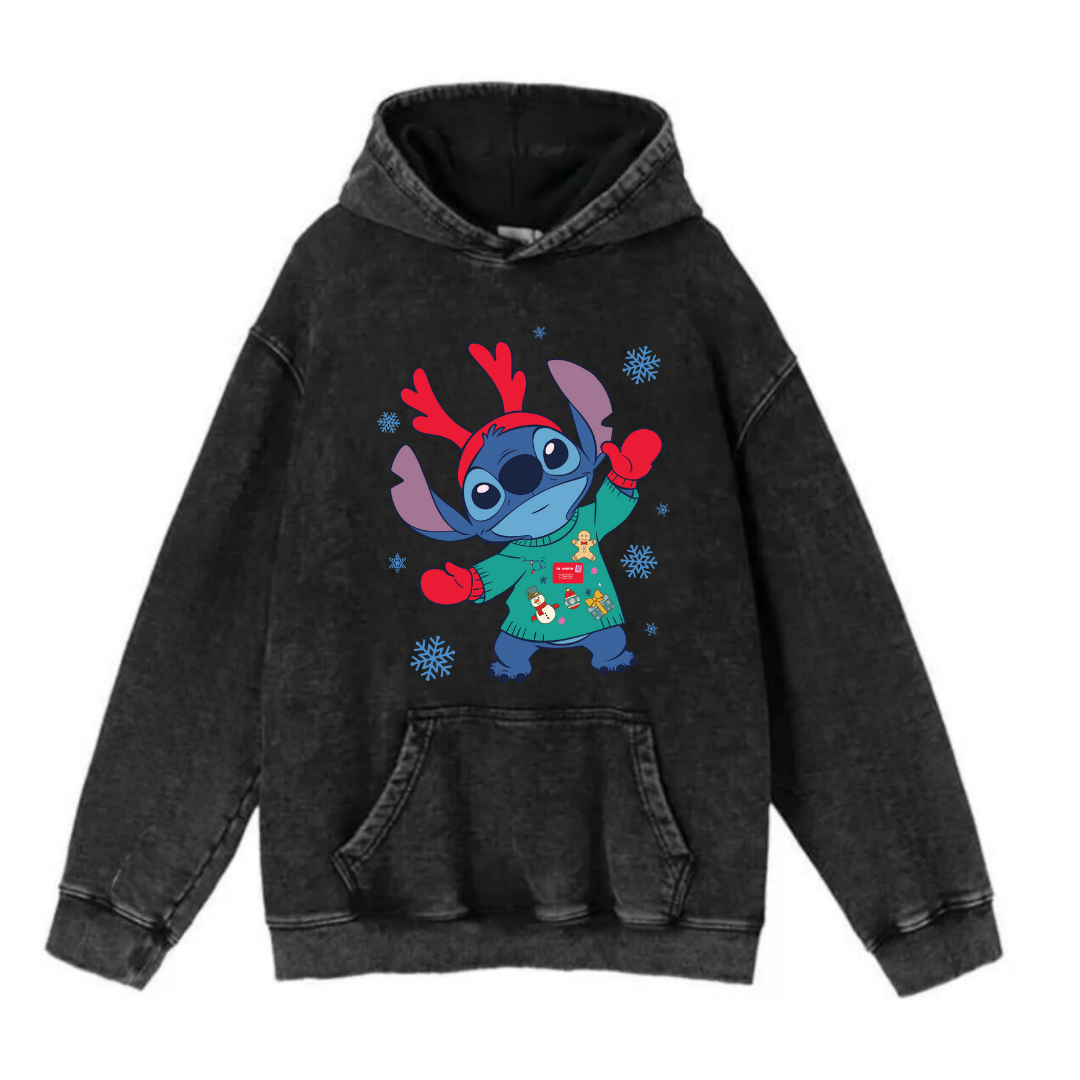 New Year Yıkamalı Stich Vintage Kapüşonlu Sweatshirt