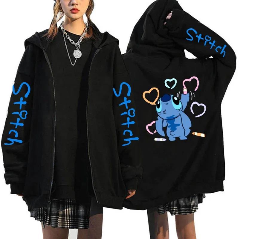 Stitch Baskılı Oversize Fermuarlı Siyah Unisex Kapüşonlu Hırka