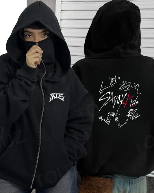 Stray Kids Maske Detaylı Oversize Fermuarlı Siyah Unisex Kapüşonlu Hırka