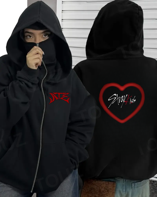 Stray Kids Maske Detaylı Oversize Fermuarlı Siyah Unisex Kapüşonlu Hırka