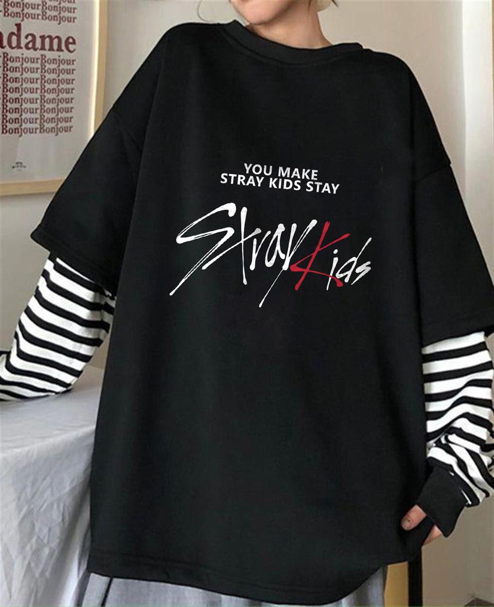 Stray Kids Baskılı Fake Sleeves Unisex Siyah T-shirt