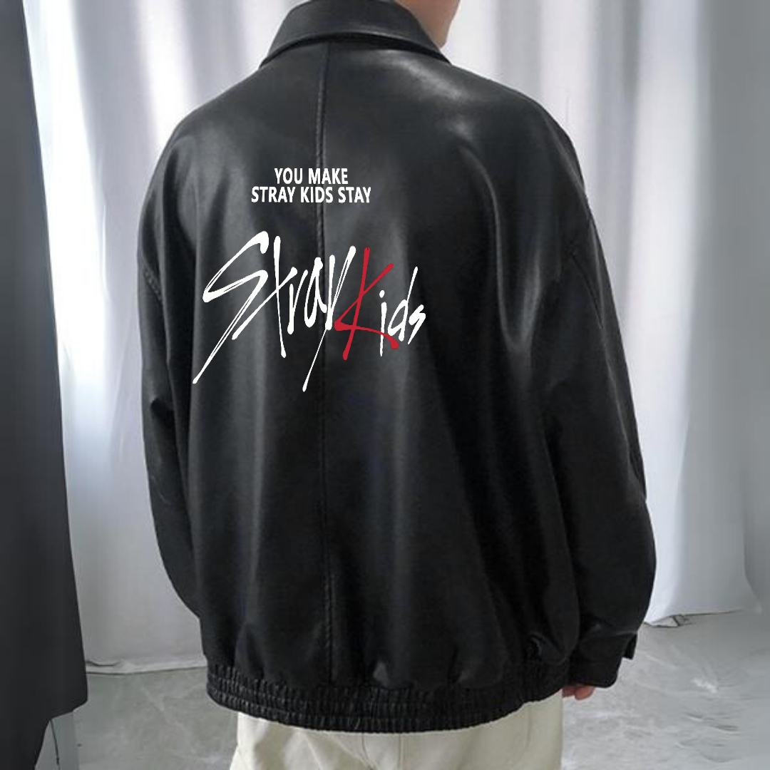 Stray Kids Baskılı Streetwear Siyah Oversize Unisex Astarlı Deri Ceket