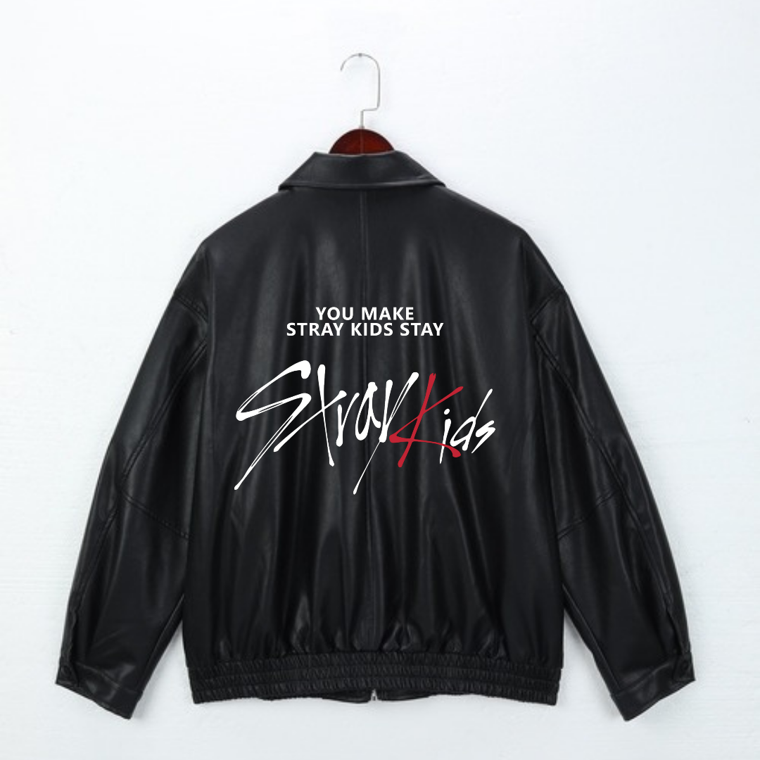 Stray Kids Baskılı Streetwear Siyah Oversize Unisex Astarlı Deri Ceket