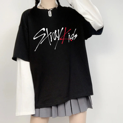 Stray Kids Unisex Oversize Fake Kollu Beyaz T-Shirt