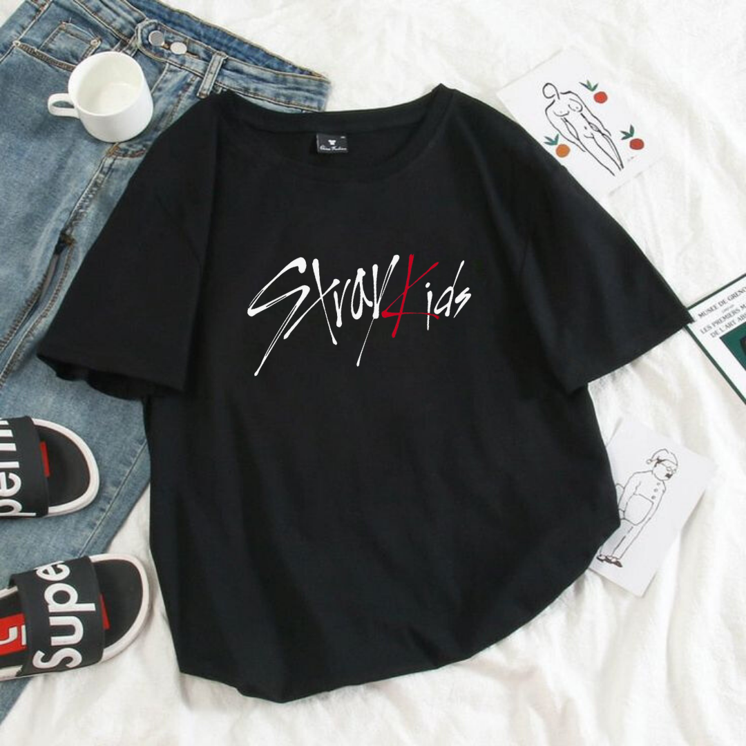 StrayKids Detail Baskılı Siyah T-shirt