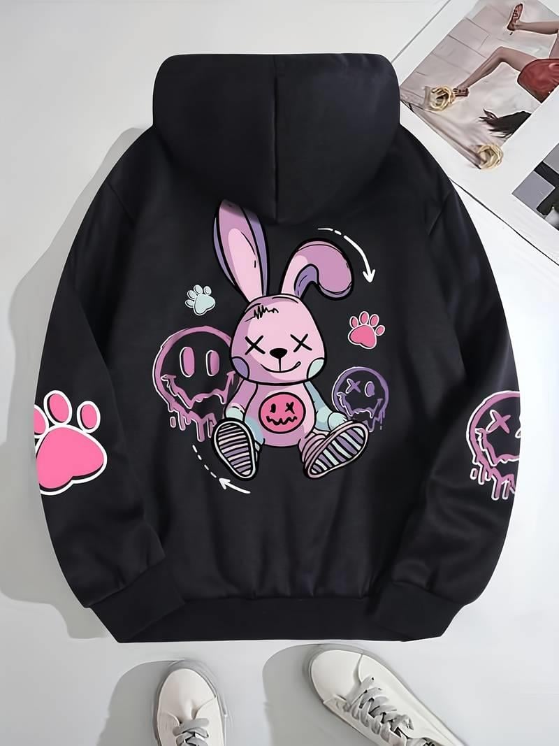 Street Wear Cartoon Rabbit Baskılı Oversize Unisex Siyah Kapşonlu Hoodie Sweatshirt