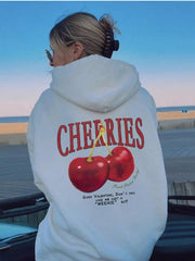 Street Wear Cherry Baskılı Oversize Unisex Ecru Kapşonlu Hoodie Sweatshirt