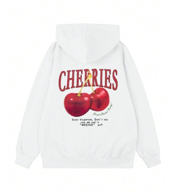 Street Wear Cherry Baskılı Oversize Unisex Ecru Kapşonlu Hoodie Sweatshirt