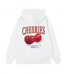 Street Wear Cherry Baskılı Oversize Unisex Ecru Kapşonlu Hoodie Sweatshirt