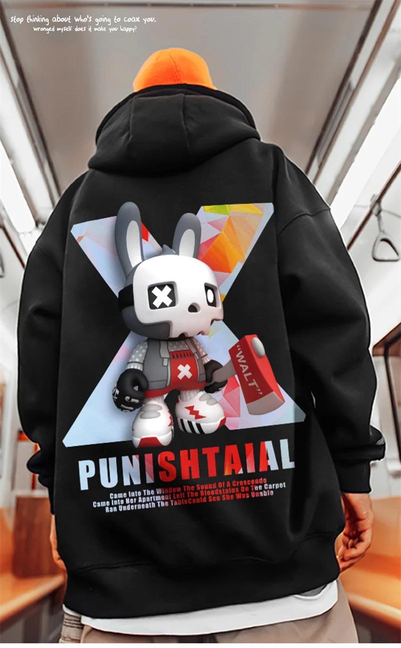 Street Wear PUNISHTAIAL Baskılı Oversize Unisex Siyah Kapşonlu Hoodie Sweatshirt