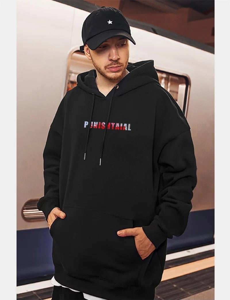 Street Wear PUNISHTAIAL Baskılı Oversize Unisex Siyah Kapşonlu Hoodie Sweatshirt